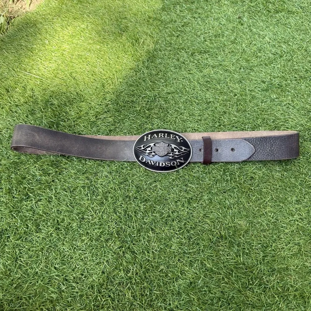Y2K Harley Davidson Mens Belt Buckle Black Flame‎ Brushed Chrome Biker Grunge